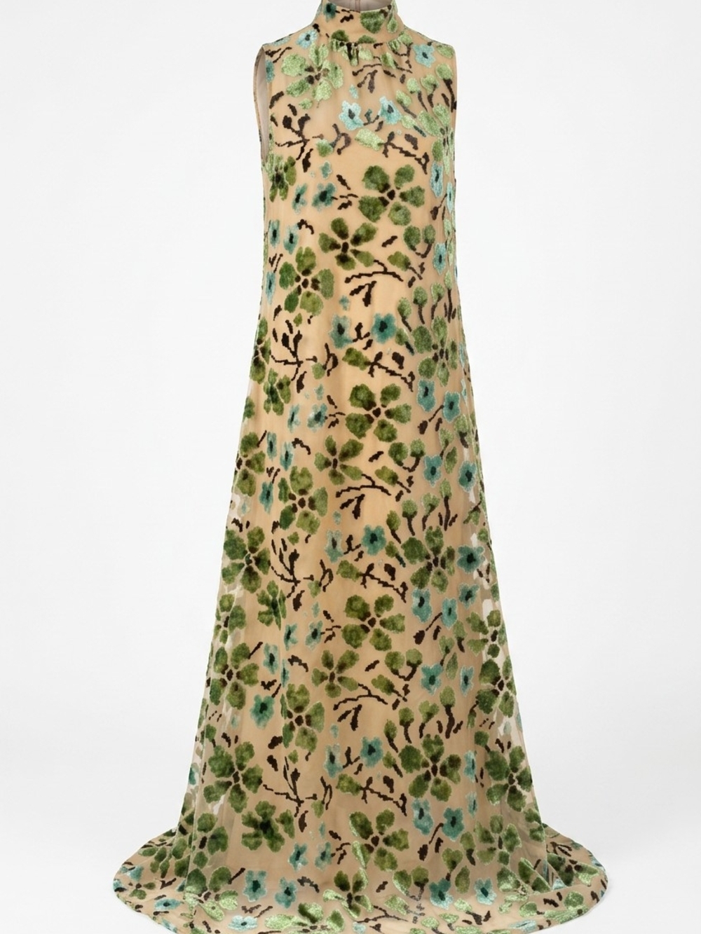 Sleeveless High-Neck Floral Velvet Burnout Gown in Beige, Green & Teal